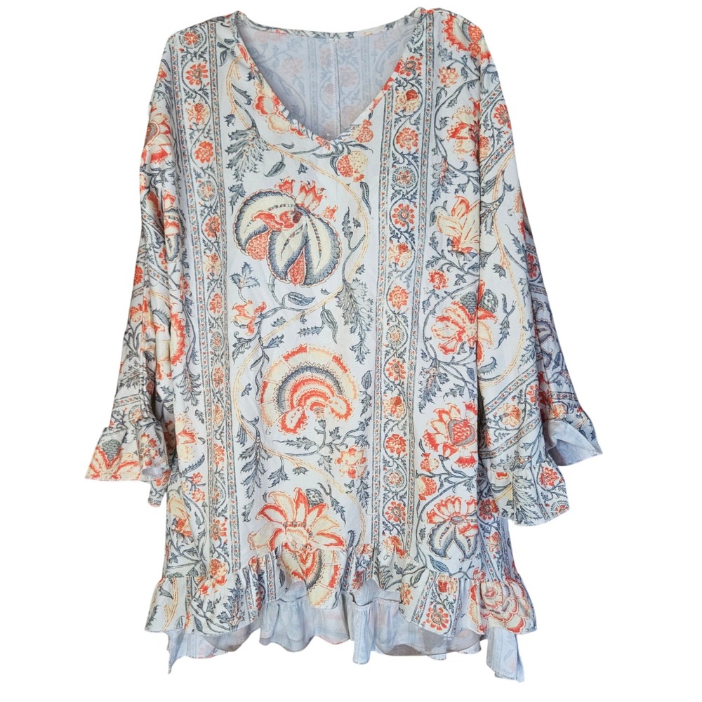Unbranded Tunic Women Large Ruffle Hem Orange Blue White Floral Paisley New